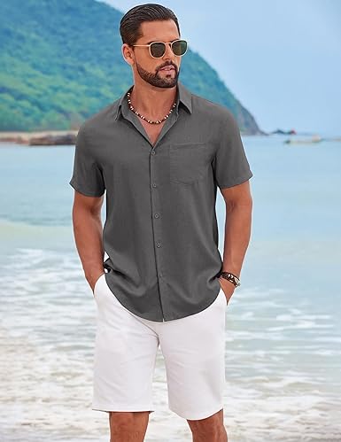 Short Sleeve Casual Button Down Shirts Summer Beach Wedding Textured Linen Shirt for Men