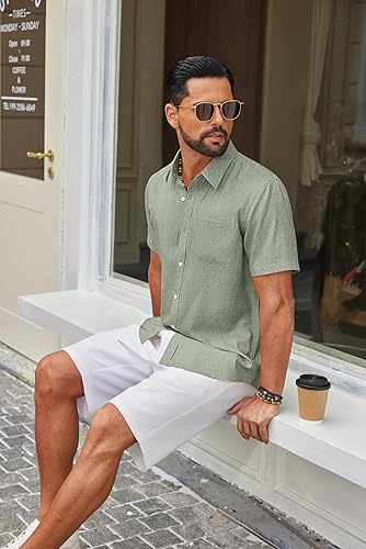 Mens Button Down Shirt Short Sleeve Casual Shirts Summer Beach Textured Shirts with Pocket