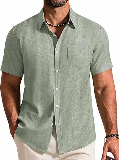 Mens Button Down Shirt Short Sleeve Casual Shirts Summer Beach Textured Shirts with Pocket